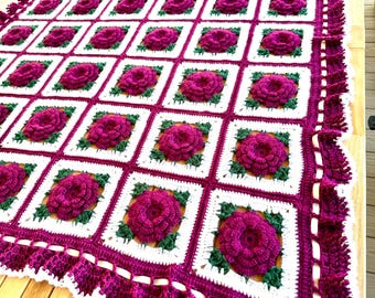 Crochet Rose Afghan – Handmade Raspberry Floral Blanket, Ribbon Detail - Ready to Ship
