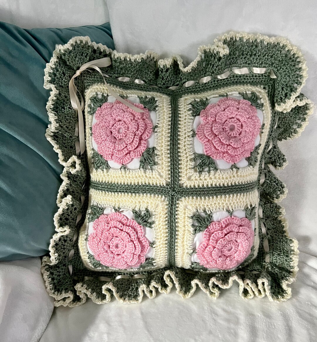 Pink Crochet Ruffles Crocheted Rose Accent Pillow: Pink Floral Ruffle, Vintage Style - Etsy