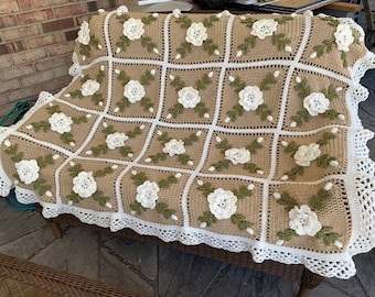 Soft White Rose Afghan Throw Floral Crocheted Blanket - Made fresh after sale - 20 squares