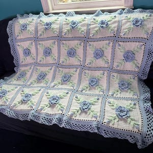Blue Rose Afghan with Soft Light Blue border - Made Fresh After Sale