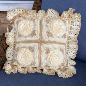 Crocheted Ivory Roses Floral Accent Pillow  Made Fresh after sale