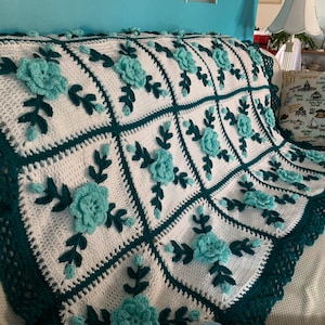 Aqua Blue Rose and Teal Afghan Throw Crocheted Blanket