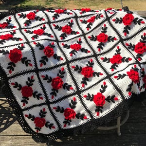 Rose Afghan Throw with Black trim Floral Crocheted Blanket - Made fresh after sale