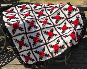 Red Valentine Rose Afghan Throw with Black trim Floral Crocheted Blanket - Made fresh after sale - 25 squares