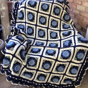 Shades of Blue Roses Afghan with Ruffles, Satin Ribbons & Bows -  Made Fresh After Sale - 63 squares