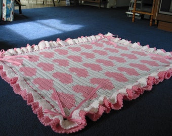 Hearts and Bows Crocheted Baby Blanket Afghan - Pink White - Made Fresh after Sale
