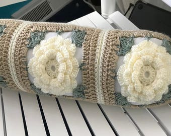 Crocheted Floral Neck Roll Pillow: Ivory Roses, Shabby Chic Decor