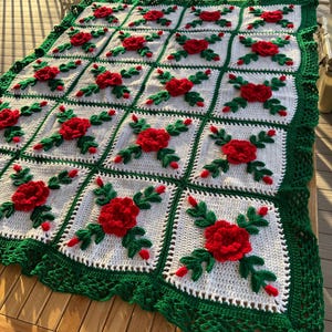 Red Roses Afghan Throw Floral Crocheted Blanket - Made fresh after sale - 20 square ready to ship