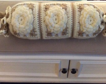 Crocheted Floral Neck Roll Pillow: Ruffles & Ivory Roses