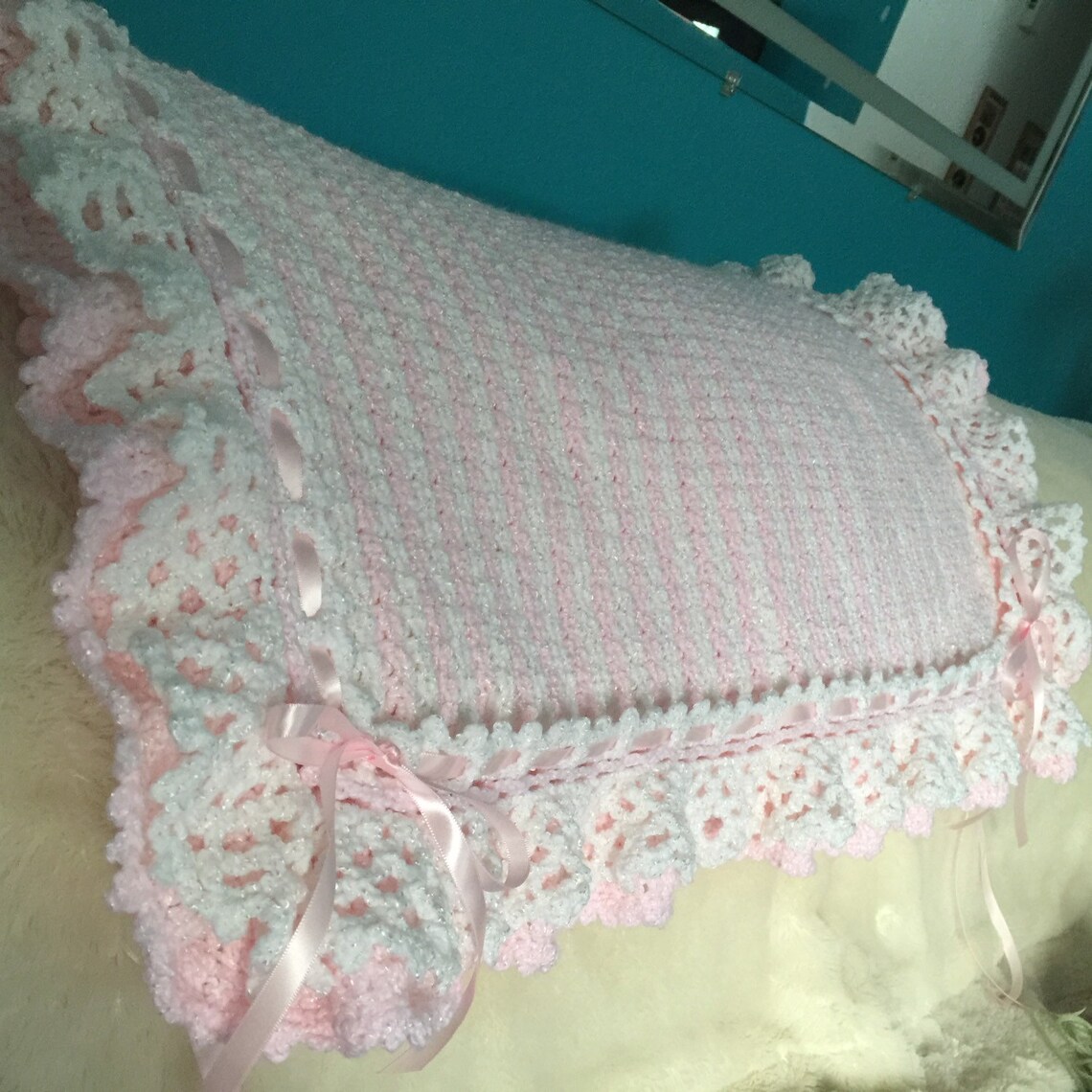 Pink White Crocheted Baby Blanket Afghan Lacey Ruffles Etsy