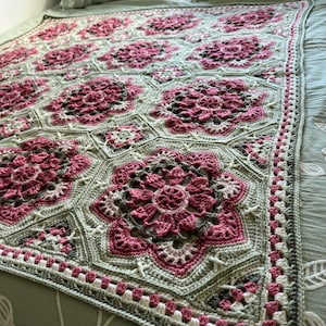 Persian Tiles Afghan Blanket: Rose Garden Floral Throw, Sage & Cream