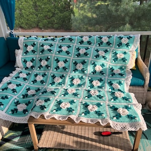 Floral White Roses and Aqua Crocheted Afghan Blanket Throw - Ready to Ship - 36 squares