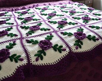 Violet Purple Wild Rose Crochet Afghan Blanket Throw - Made Fresh After Sale - 20 squares