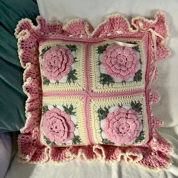 1 Crocheted Pink Roses and Ruffles Floral Accent Pillow  Made Fresh after sale