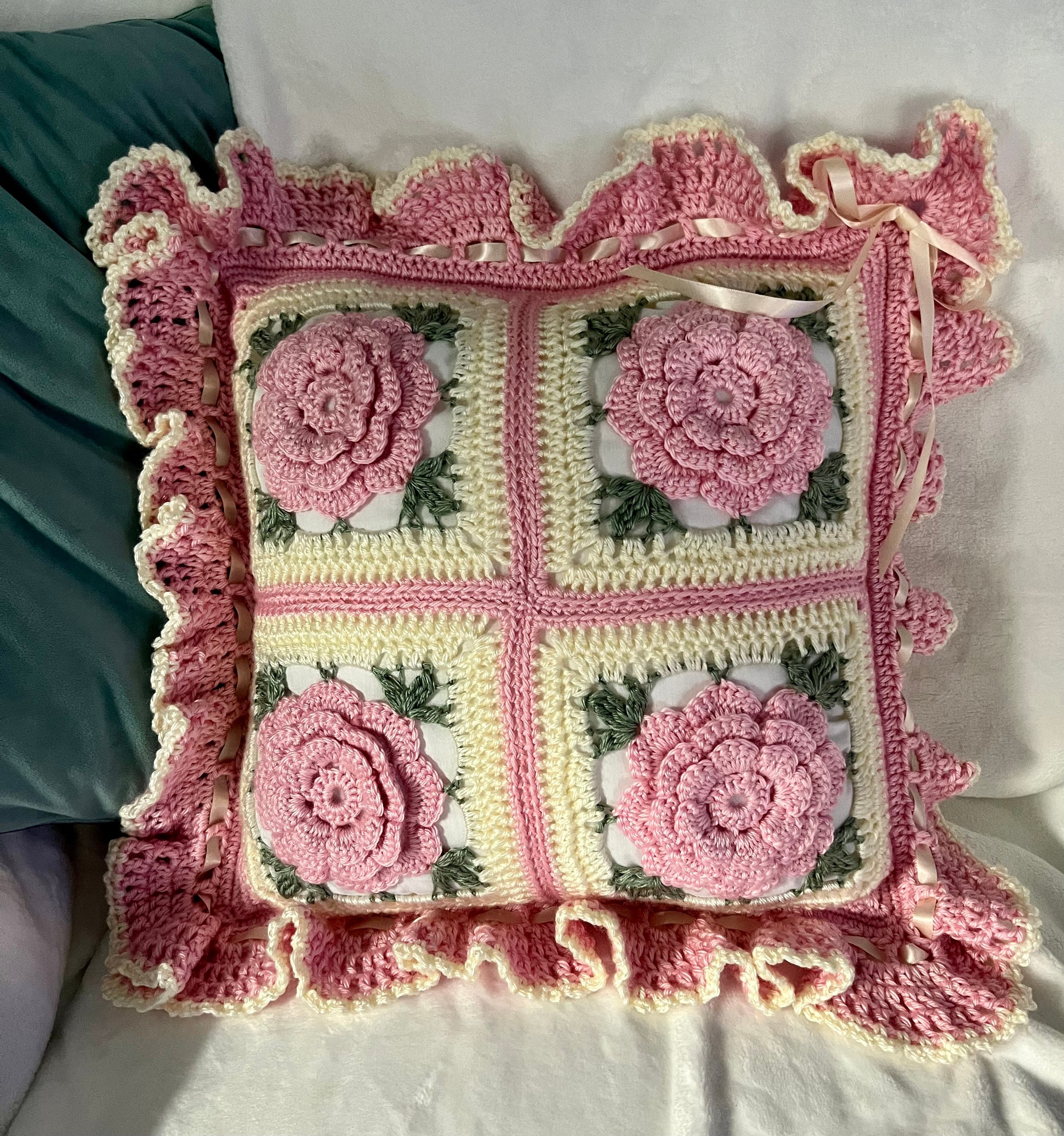 Pink Crochet Ruffles Crocheted Rose Accent Pillow: Pink Floral Ruffle, Vintage Cottage Style ...