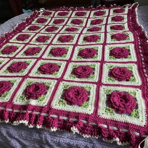 Fuschia Berry Pink Purple Roses and Ruffles Afghan - Crocheted