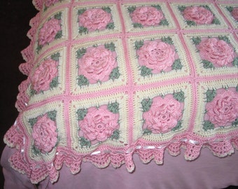 Pink Rose Afghan with Ruffles, Satin Ribbons and Bows - Made Fresh After sale - 48 squares