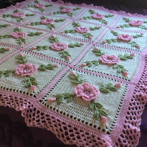 Soft Pink Roses Afghan Blanket Throw - Made Fresh After Sale - 1 Week to make - 15  squares