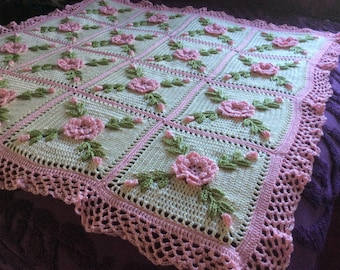 Soft Pink Roses Afghan Blanket Throw - Made Fresh After Sale - 1 Week to make - 15  squares