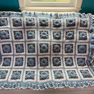 Blue Roses and Gray Afghan Blanket Throw - Made Fresh After Sale