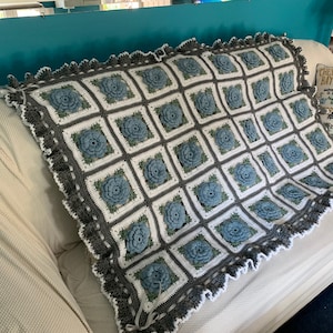 Blue Roses and Gray Afghan Blanket Throw - Made fresh after sale