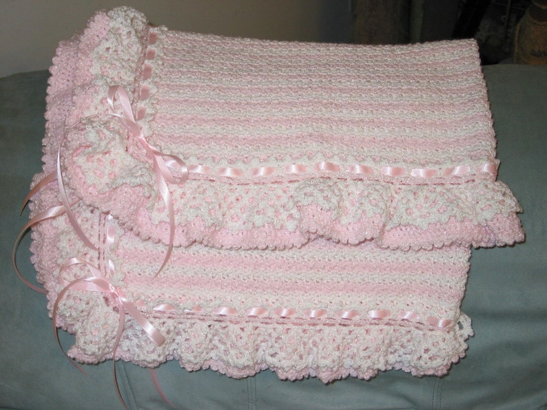 Pink White Crocheted Baby Blanket Afghan Lacey Ruffles Striped Made
