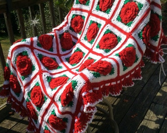 Berry Red Roses and Ruffles Crocheted Afghan - Peppermint Red - Made Fresh After Sale - 35 squares