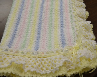 Pastel Stripes Crocheted Baby Blanket Afghan - Lacey Ruffles - Made Fresh after sale