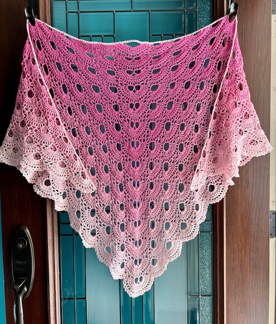 Handmade Crocheted Cotton Lace Shawl: Raspberry Pink Ombre Scarf