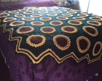 Summer Sunflowers Afghan Crocheted Bedspread Blanket - made fresh after sale