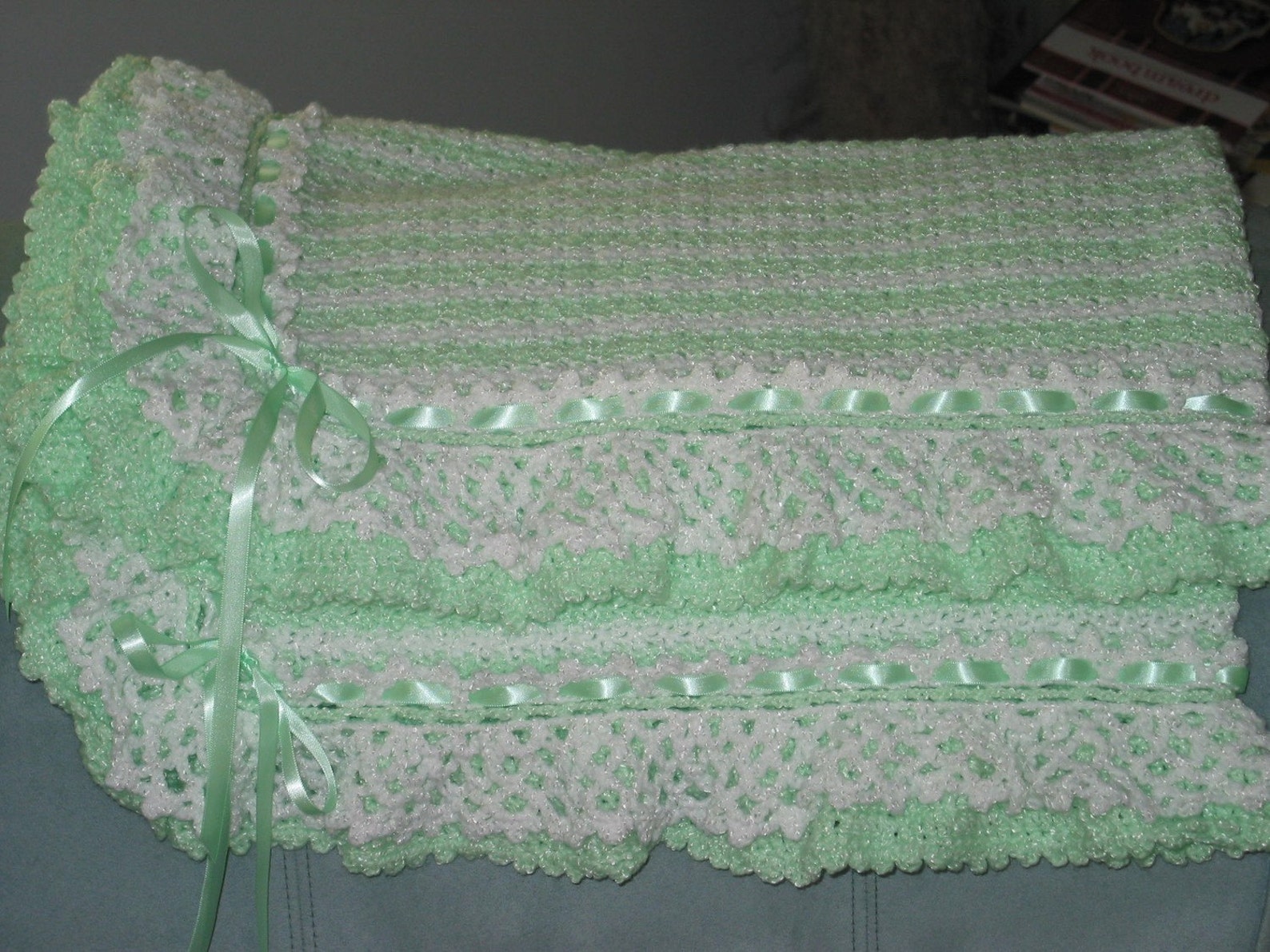 Mint Green Crocheted Baby Blanket Afghan Lacey Ruffles Striped Etsy