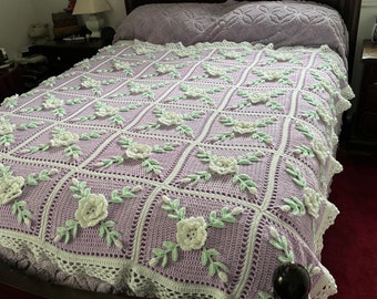 Easter White Roses and Lavender Crocheted Afghan Blanket Throw - Made Fresh After Sale - 36 squares