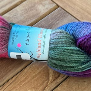 May include: A skein of colorful yarn with a label that reads "Highland Handspun" and "Crazy for Color". The yarn is a mix of green, blue, purple, and pink.