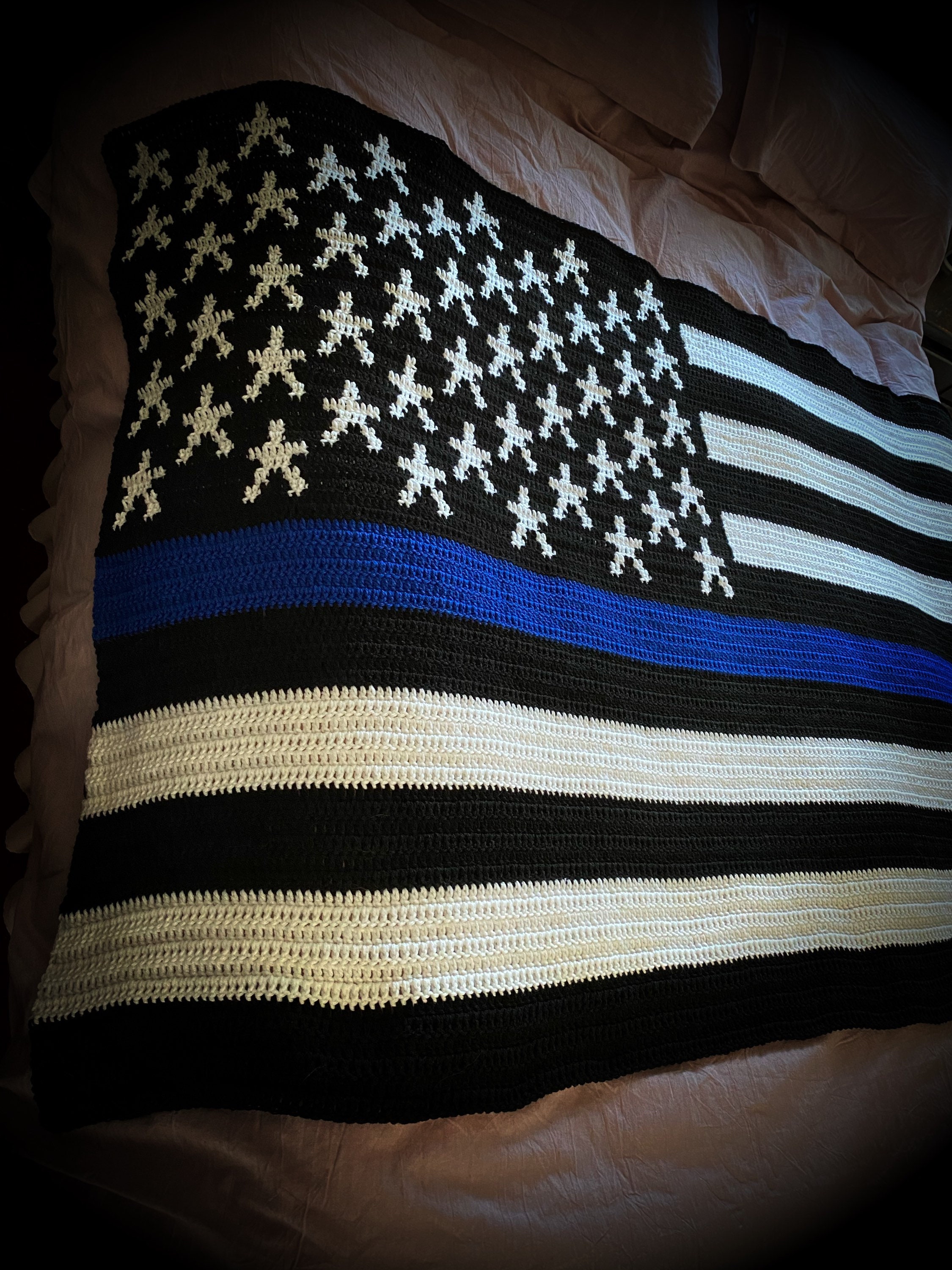Crocheted American Flag for Law Enforcement Thin Blue Line Flag Blanket