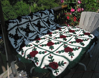 Claret Red Rose Afghan - Crocheted Blanket Bedspread - Made Fresh After Sale - 25 squares