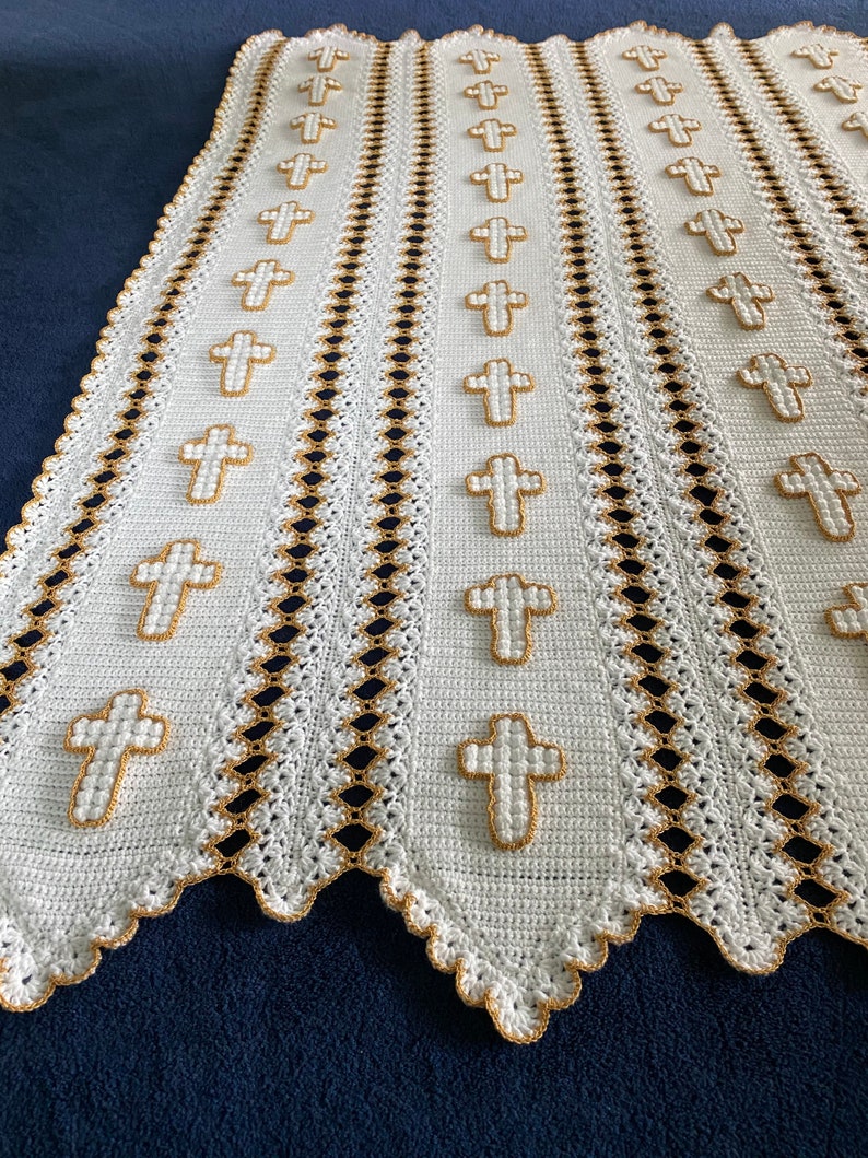 Religious Gold Cross Christian Afghan Throw Crocheted Blanket Etsy