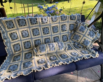 Blue Rose Crochet Afghan: Handmade Cottage Style Throw Blanket