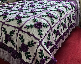 Violet Purple Wild Rose Crochet Afghan Blanket Throw - Made Fresh After Sale