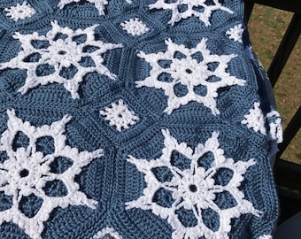 Snowflake Afghan Crocheted Blanket or Throw 30 large snowflakes  - made fresh after sale Country Blue