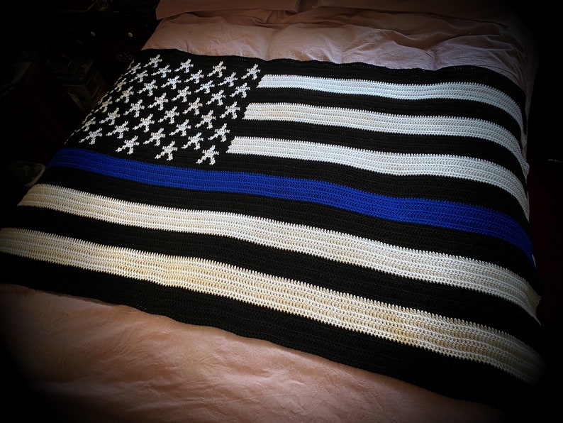 Crocheted American Flag for Law Enforcement Thin Blue Line Flag Blanket