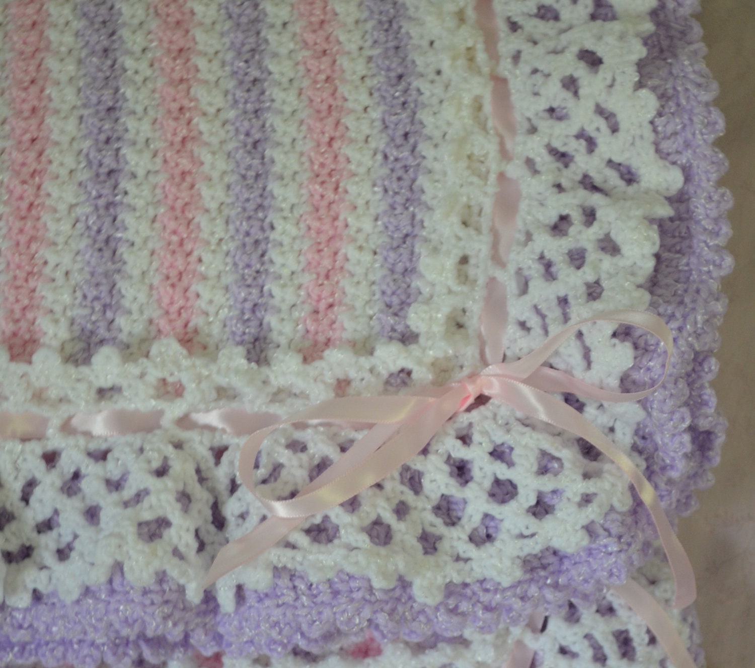 Pink Lavender White Striped Crocheted Baby Blanket Afghan Etsy