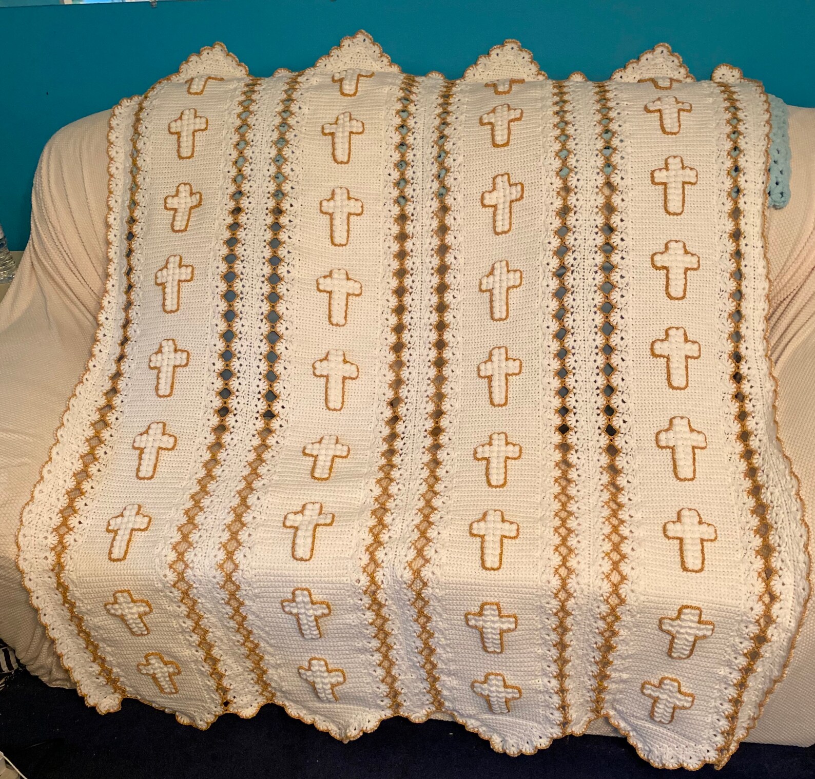 Religious Gold Cross Christian Afghan Throw Crocheted Blanket Etsy
