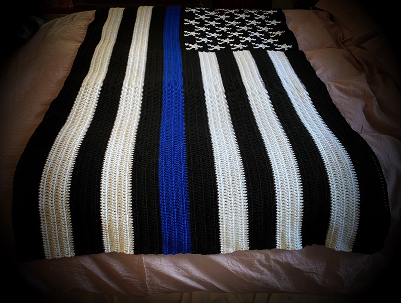 Crocheted American Flag for Law Enforcement Thin Blue Line Flag Blanket