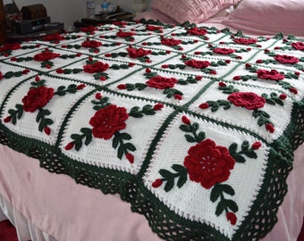 Burgundy Rose Afghan Throw Floral Crocheted - Made Fresh After Sale - 20 squares