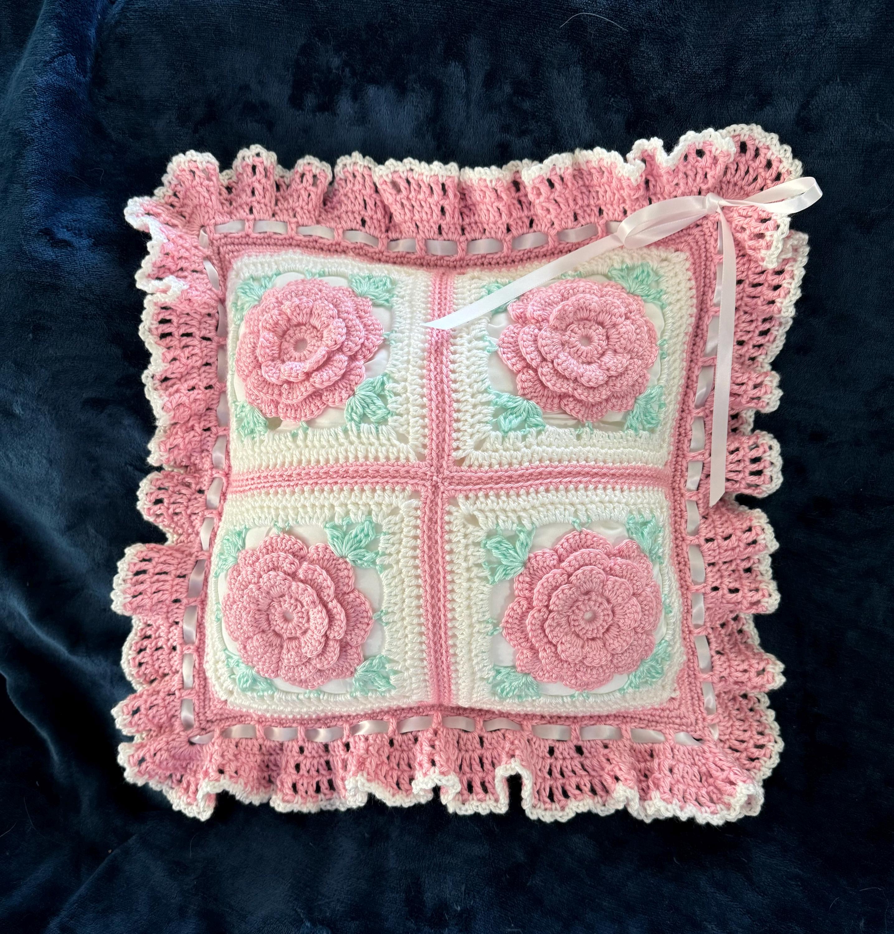 Pink Crochet Ruffles Crocheted Floral Accent Pillow: Pink Roses, Ruffle Edge - Etsy