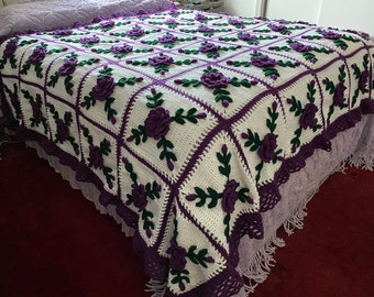 Violet Purple Wild Rose Crochet Afghan Blanket Throw - Made Fresh After Sale - 48 squares