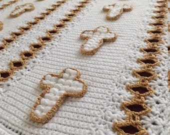 Religious Gold Cross Christian Easter Afghan Throw Crocheted Blanket - Made fresh after sale