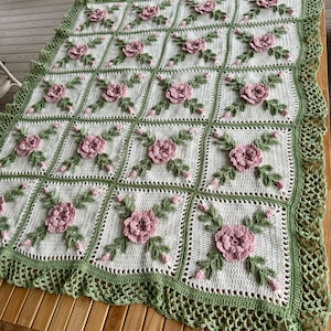 Rose Pink Wild Roses Crocheted Afghan Blanket Throw - Made fresh after sale