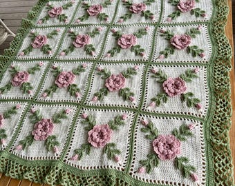 Rose Pink Wild Roses Crocheted Afghan Blanket Throw - Made fresh after sale