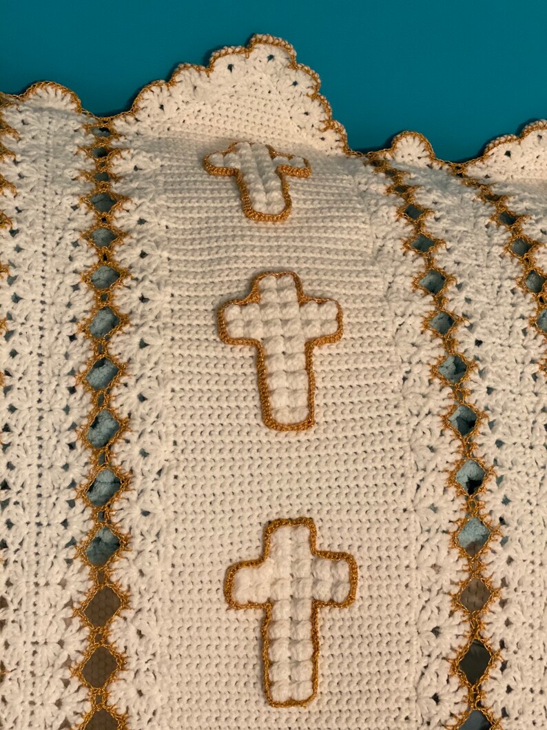 Religious Gold Cross Christian Afghan Throw Crocheted Blanket Etsy